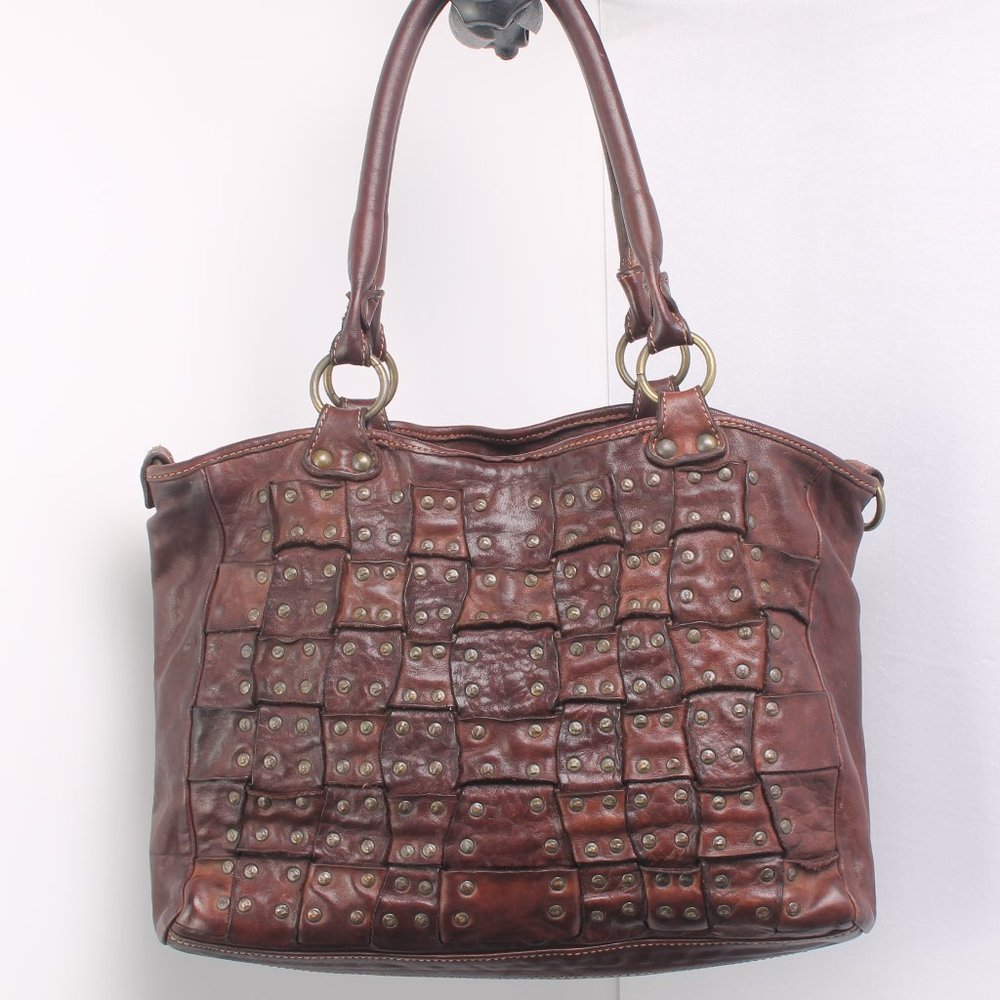 - Vera Pella Brown Woven Leather Purse With Studs
